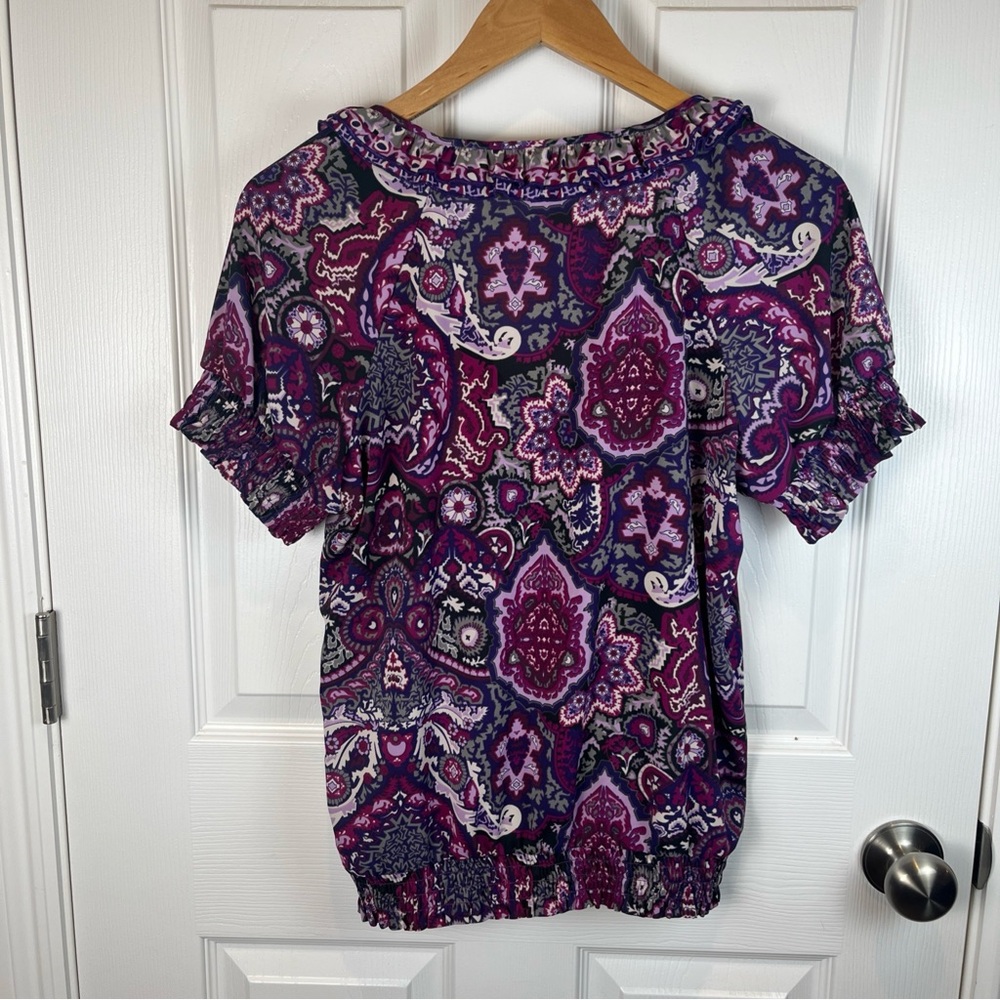 eci New York Multi Purple & Gray Blouse Elastic Waist Hem Ruffles Women’s Size 8 - Picture 7 of 14